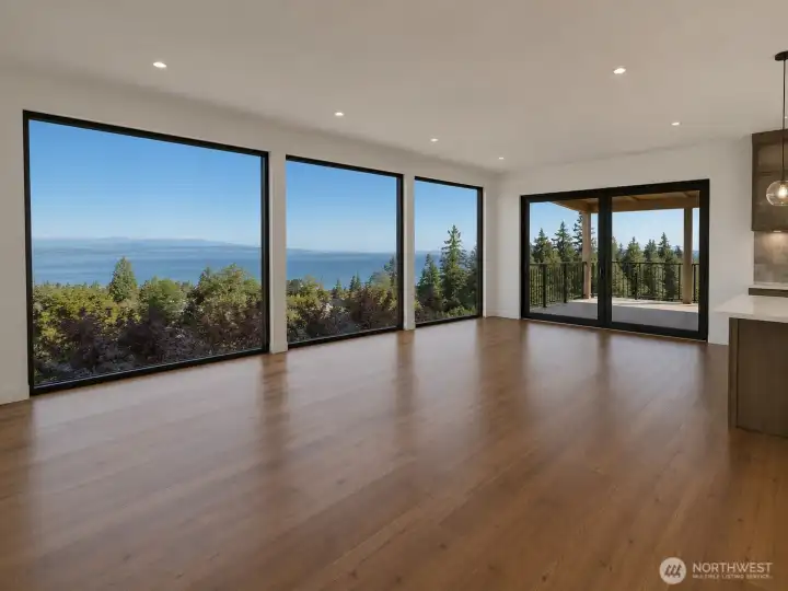 Amazing view from the great room. Covered outdoor living area captures all the beauty! AI generated image.