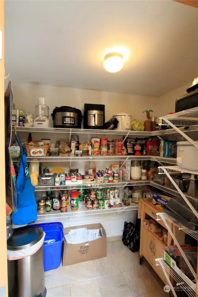 Discover ample storage space in this large walk-in pantry, perfect for organizing all your kitchen essentials.