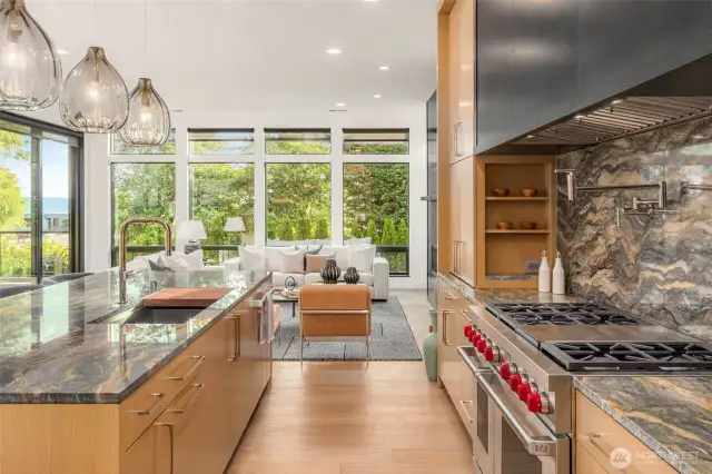 Custom Sink in island with flush cutting board, custom built spice racks on both sides of range