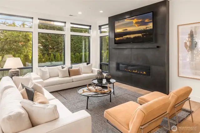 Full-height Blackened Steel Custom Fireplace in Great Room