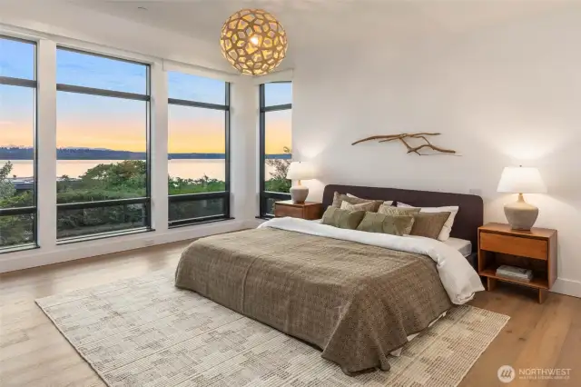 Vaulted Ceiling and Floor to Ceiling Window Walls with Custom Motorized Shades Create a truly Remarkable Primary Residence