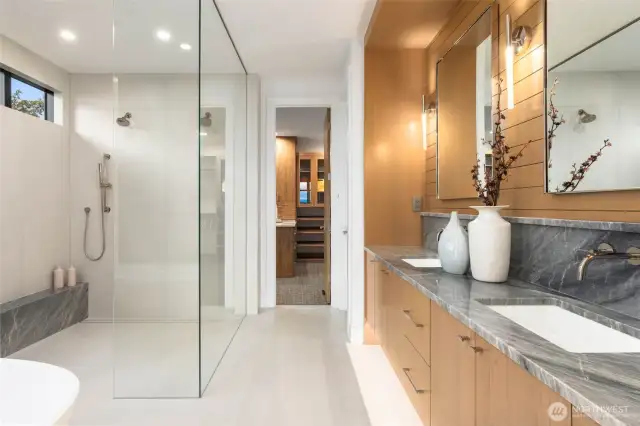 Heated Floors in Bath, Zero-entry Walk-in Shower, MTI Designer Tub, Custom Built-in Shelving System