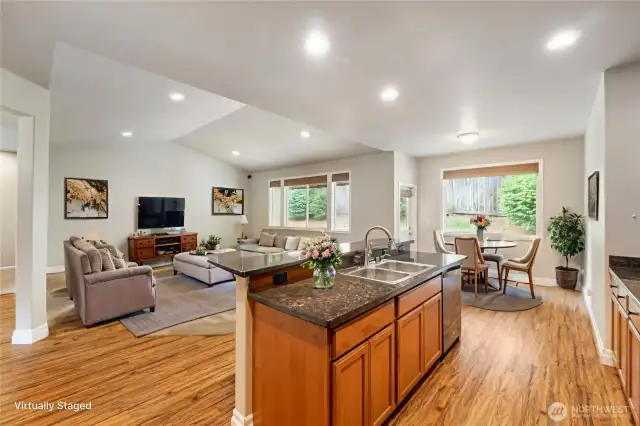 Kitchen Looking into Great Room.  Open Concept Living, Virtually Staged