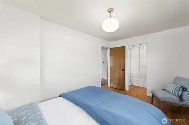each of the bedroom closets have built in shelving and a internal light.