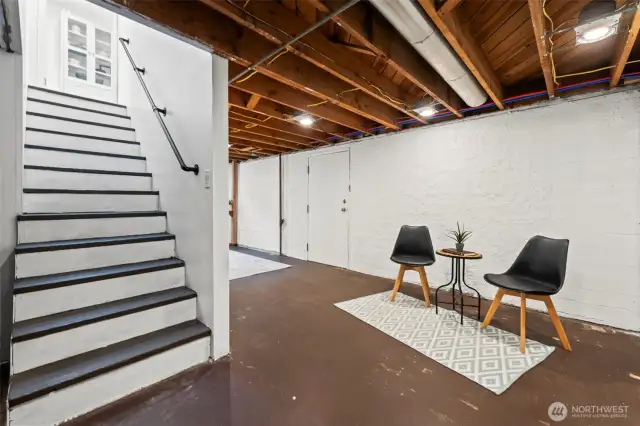 Turning left at the bottom of the stairs, you’ll find a second basement area that leads to the sauna.