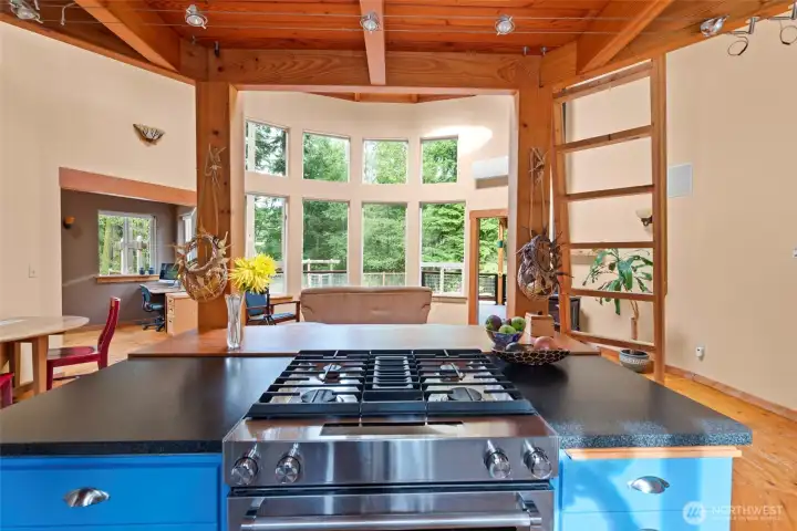 The posts, beams and trim in the kitchen were all sourced from the property!