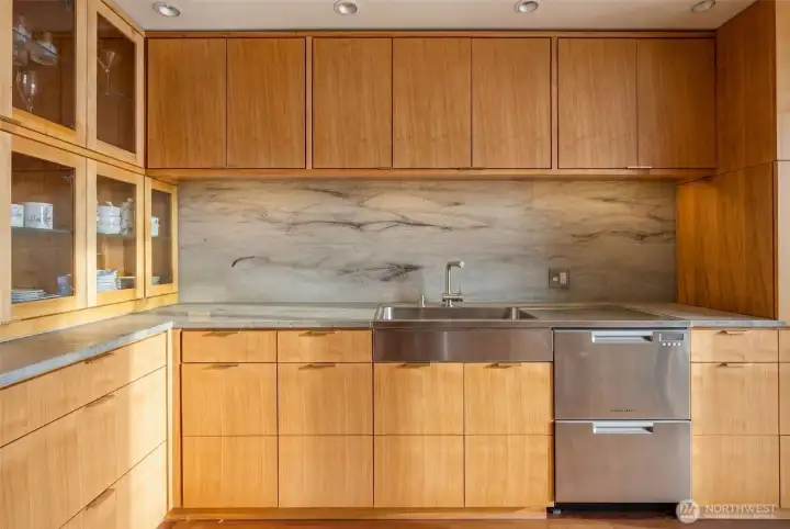 Sub-Zero Refrigerator, Miele Dishwasher, Wolf Glass Stovetop, Miele Oven & GE Microwave