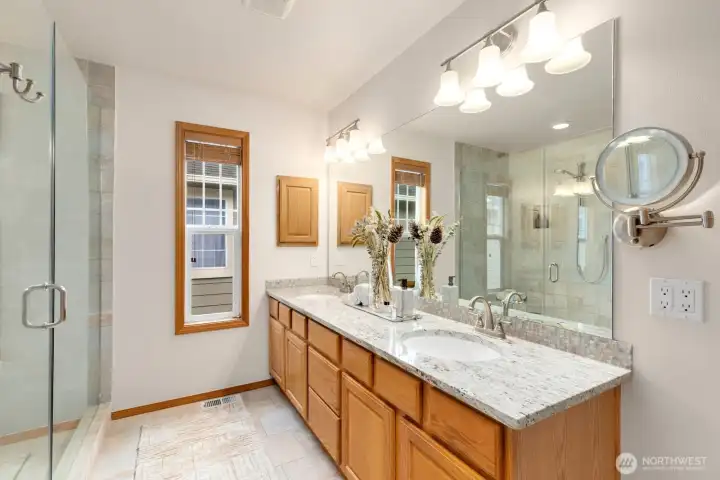 Double vanities with great storage space.