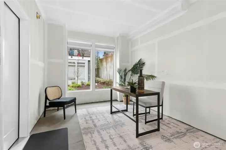 Flex space could be walled in to make full time office or gym.