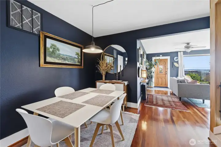 Dining room flows from the kitchen into the living area.
