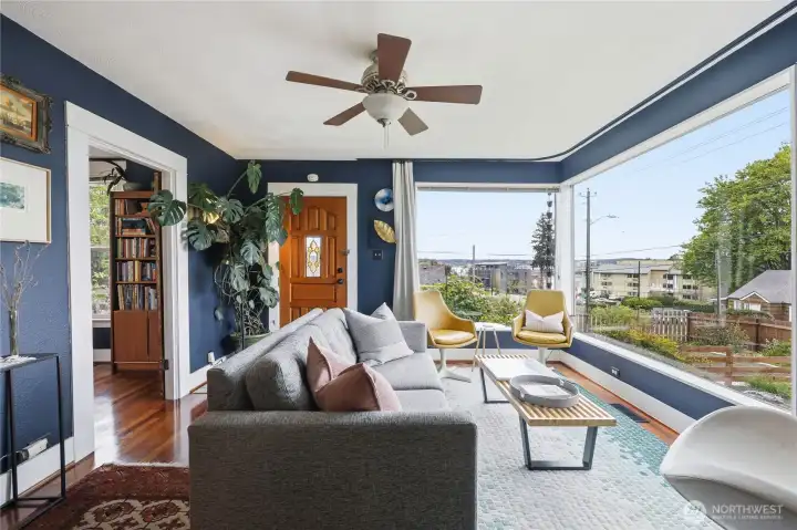 The light is bright and warm in the living room.