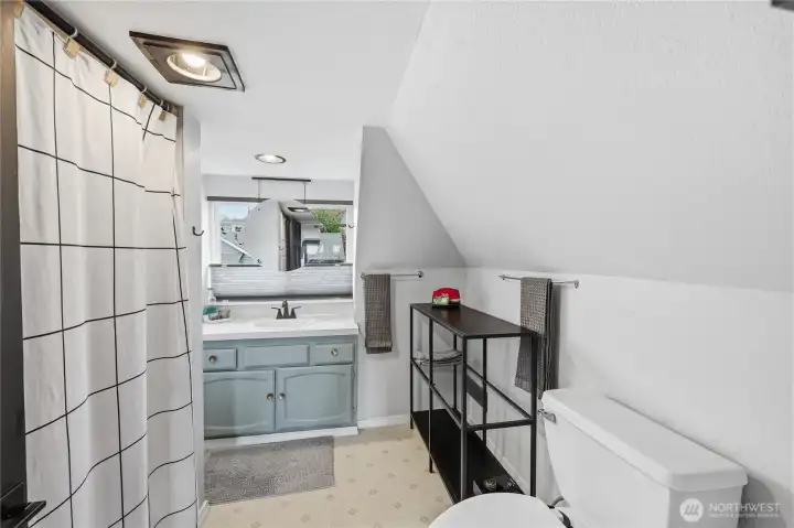 A nice full bathroom off from the bedroom suite.