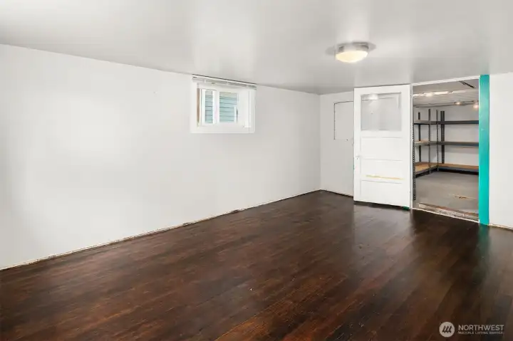 Hardwood floors in basement.