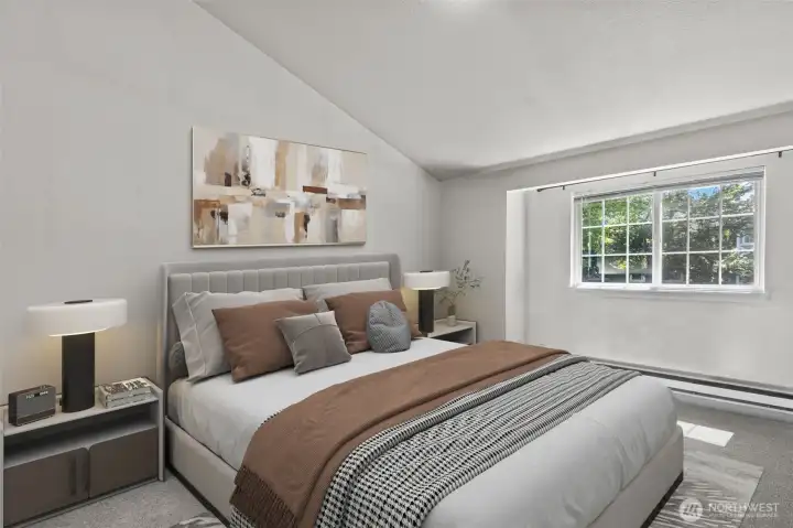 Virtually Staged bedroom with soaring vaulted ceilings!