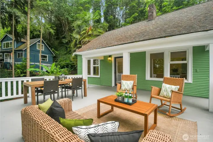 Expansive entertainment-sized deck overlooking the peaceful wooded setting, ideal for outdoor dining, relaxing, and summer BBQs. Expansive entertainment-sized deck overlooking the peaceful wooded setting, ideal for outdoor dining, relaxing, and summer BBQs.