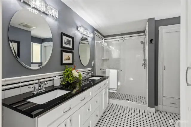 - With lovely 3/4 bath ensuite - including double sinks, walk-in shower, built-ins!