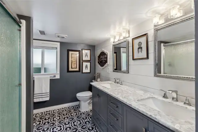 Lower level bathroom - love the custom finishes!