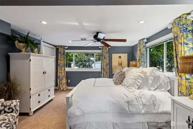 Bedroom #3, lower level, love the huge double windows, bright ceiling lights & fan