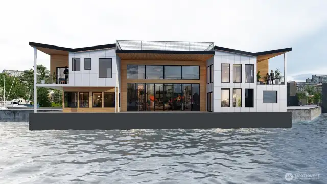 Rendering of the front of this iconic presale by FullerStyle Inc.  End of dock with room for your yacht next to it.