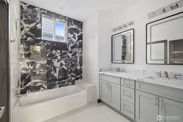 This full bath showcases the lay out and high finishes you can expect in the newly constructed home at 8608 42nd Ave S, Seattle, WA 98118, built by the same builder."