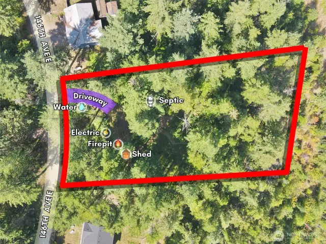 Approximate boundaries in red along with approximate location of the improvements.