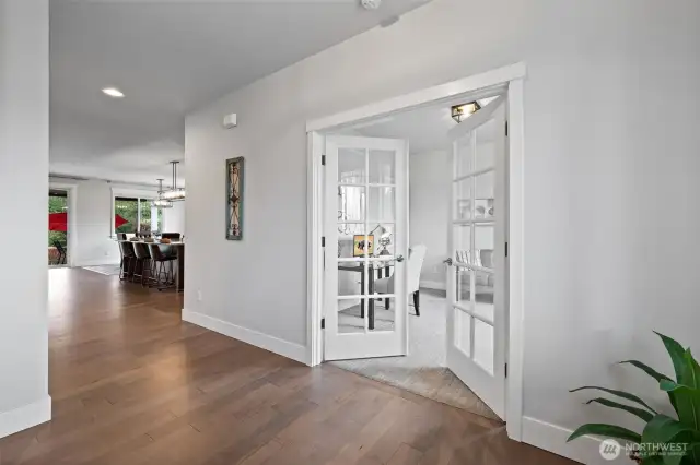 Glass French door entrance to office.