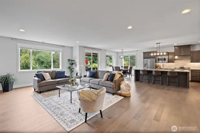 Lush greenery from large windows.