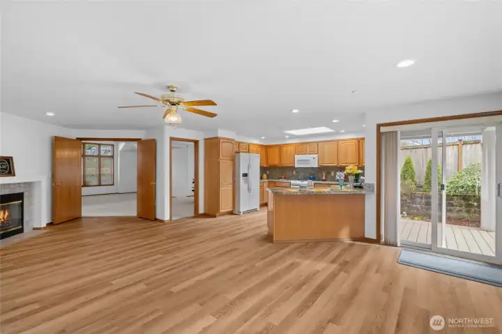 Spacious great room off of the kitchen. French doors and a pocket door in the kitchen to close off the area if needed