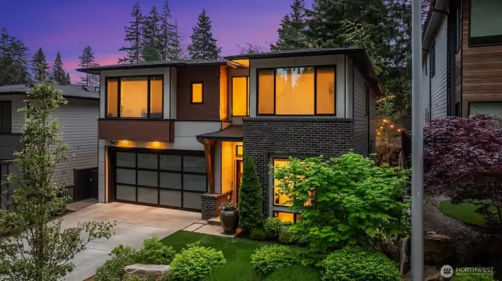Twilight reveals the northwest contemporary  architecture and warm interior glow