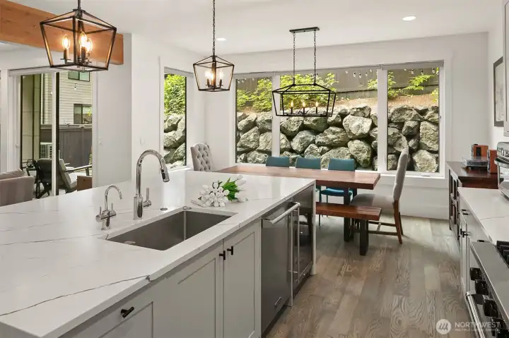 Prep area with sightlines to the dining and family rooms