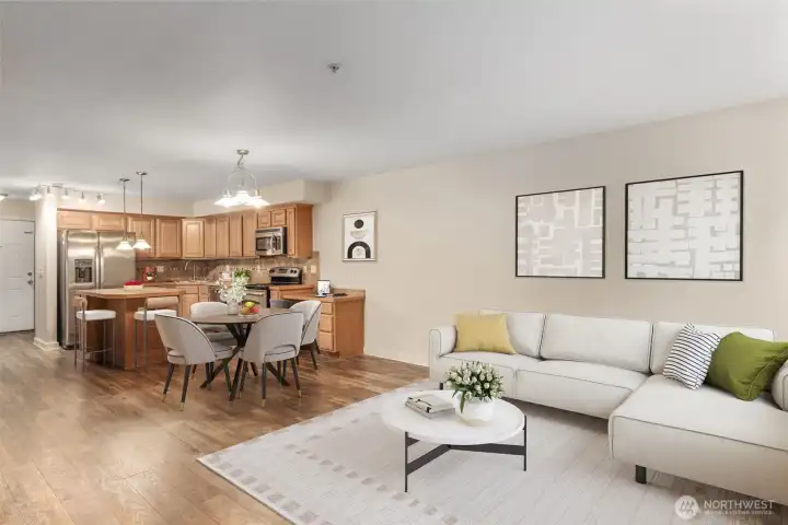 Virtual staging in kitchen and living room to show layout potential