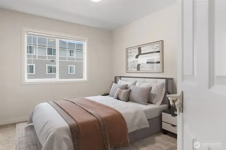 Bedroom virtually staged to illustrate layout, scale, and furnishing potential.