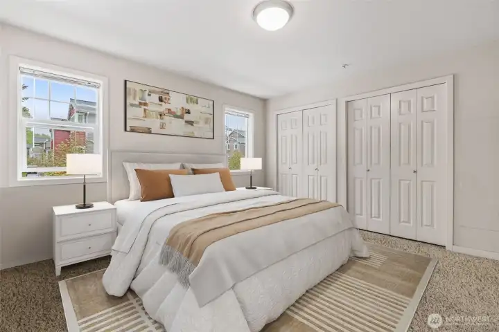 Bedroom virtually staged to illustrate layout, scale, and furnishing potential.