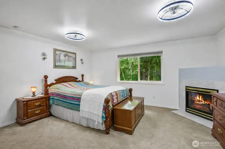 Primary bedroom with cozy gas fireplace.