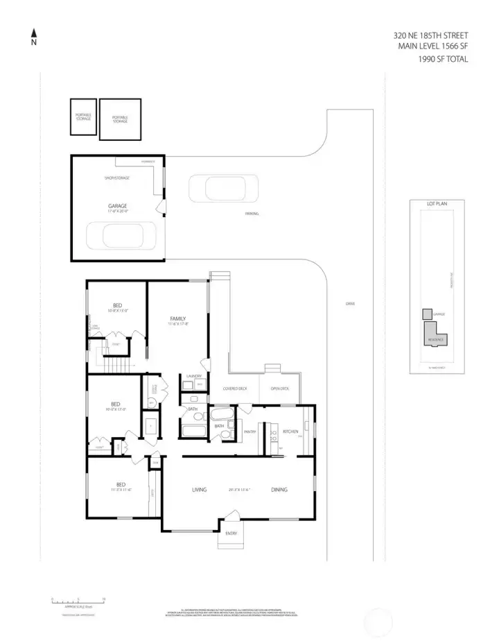 Main level floorplan illustrating the relationship between living spaces, bedrooms, parking and site improvements.
