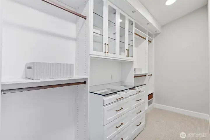 Primary walk-in closet with custom jewelry drawers