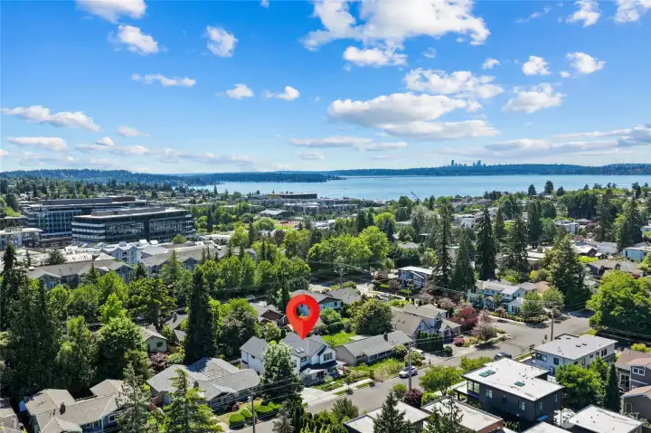 Aerial view of home, close proximity to Downton Kirkland waterfront - marina, shops, and dining