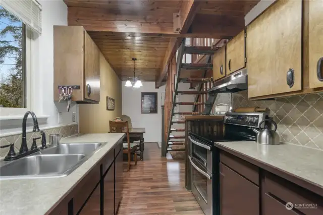 Gally kitchen looking into dining area