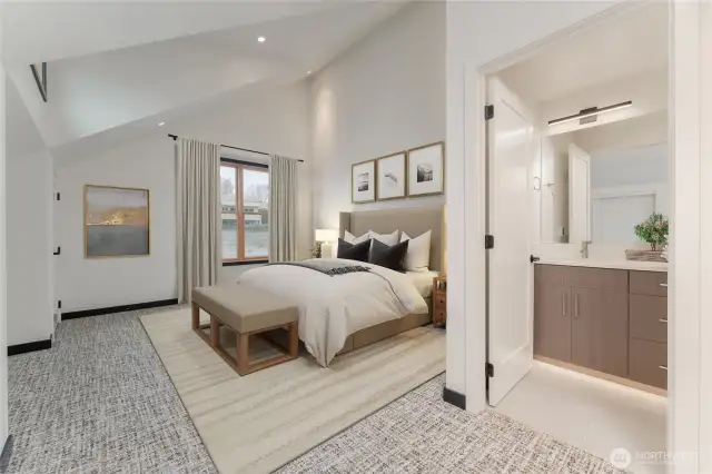 Virtually staged - upstairs second primary with ensuite bathroom, walk in shower and heated floors.