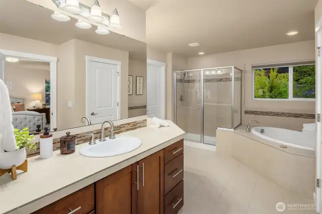Corner soaking tub and walk in shower