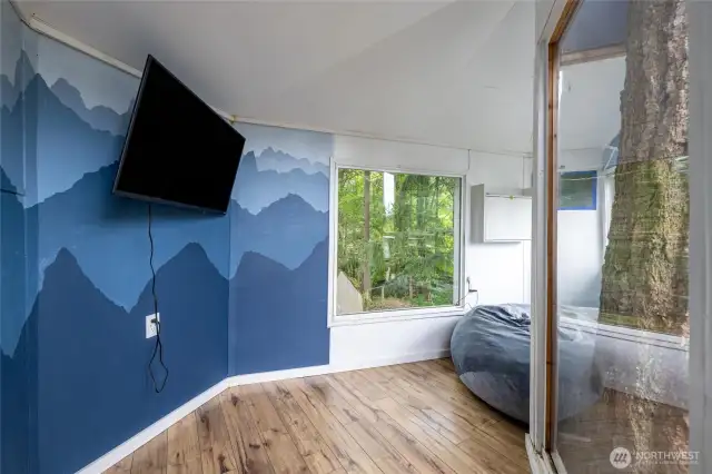 A view of the inside of the tree fort, complete with electricity!