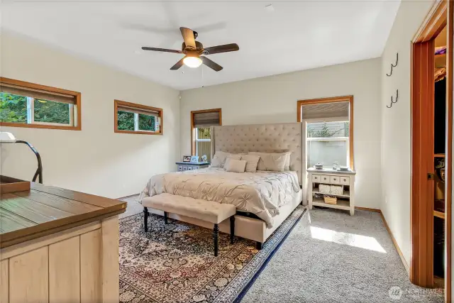 Primary bedroom en suite and walk in closet. Wood wrapped windows, ceiling fan