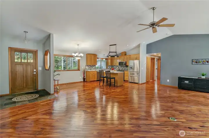 Step inside through artfully crafted glass and wood door
