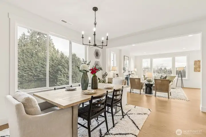 Photo of the dining room and great room. Model home on lot 4 at Moorlands Grove.
