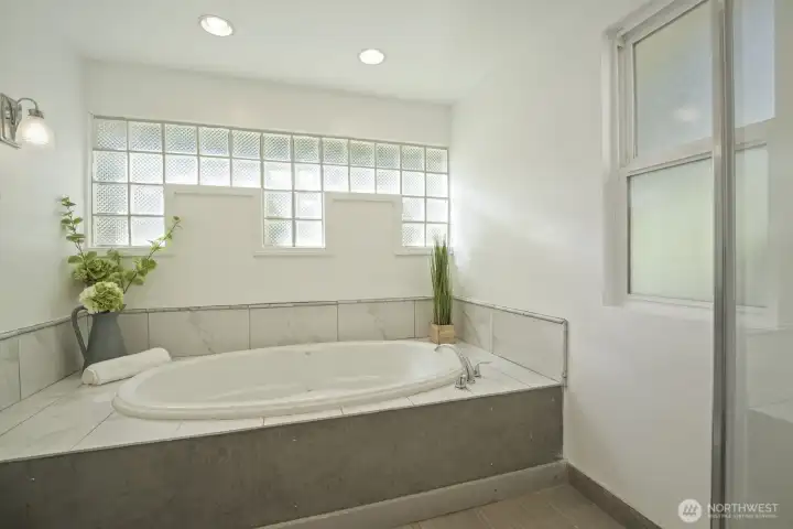 Updated toilet, corner shower & large jetted tub surrounded by patterned, glass block windows that allow all sorts of light in