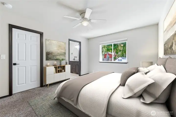 Virtually staged: Primary bedroom with en-suite bathroom and walk-in closet
