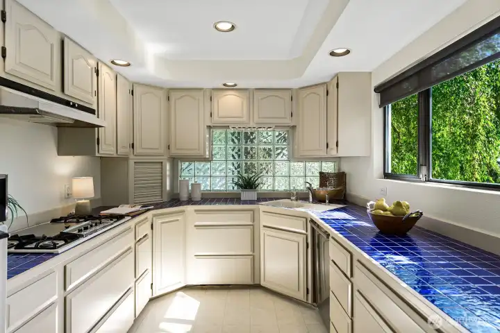 Lots of cabinet and Counter space in this kitchen. Glass block wall on the North wall provides ambient light.