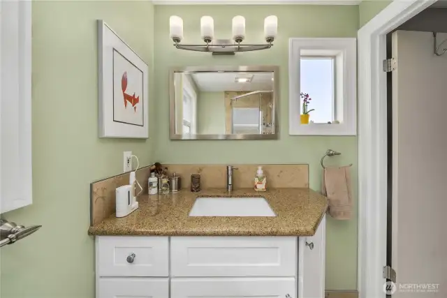 Another view of the Granite Vanity Area. Maximized space, blended with functionality and style!