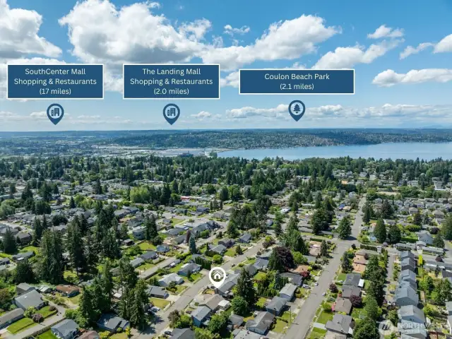 Southwest View: Enjoy the best of both worlds—close proximity to The Landing's shops and dining, scenic days at Coulon Beach Park, and even more retail options at SouthCenter Mall.