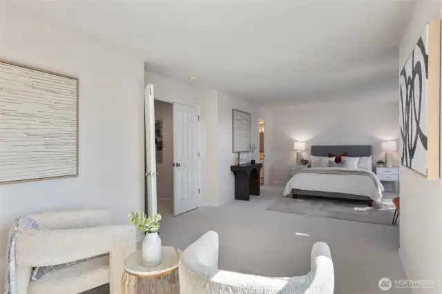 From the cozy sitting area, enjoy peaceful treetop views through oversized windows and a fresh, airy palette with crisp white walls and soft new carpeting throughout. The spacious layout offers a sense of calm and versatility — perfect for a reading nook, yoga space, or quiet morning retreat.